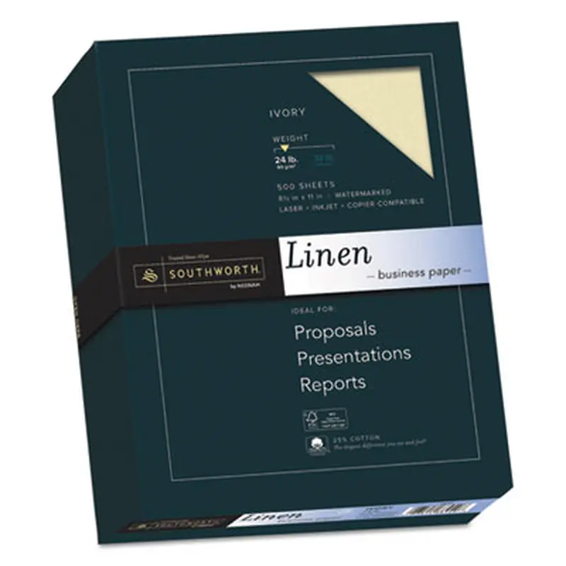 25% Cotton Linen Business Paper, 24 lb Bond Weight, 8.5 x 11, Ivory, 500/Ream - Resume/Stationery Paper | Southworth