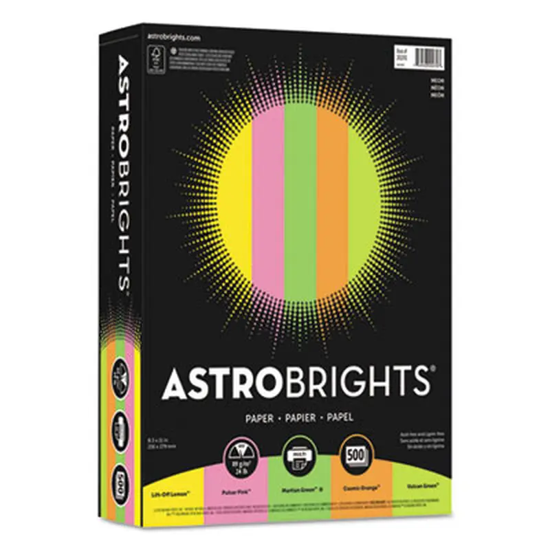 Color Paper - "Neon" Assortment, 24 lb Bond Weight, 8.5 x 11, Assorted Neon Colors, 500/Ream - Copy Paper | Astrobrights