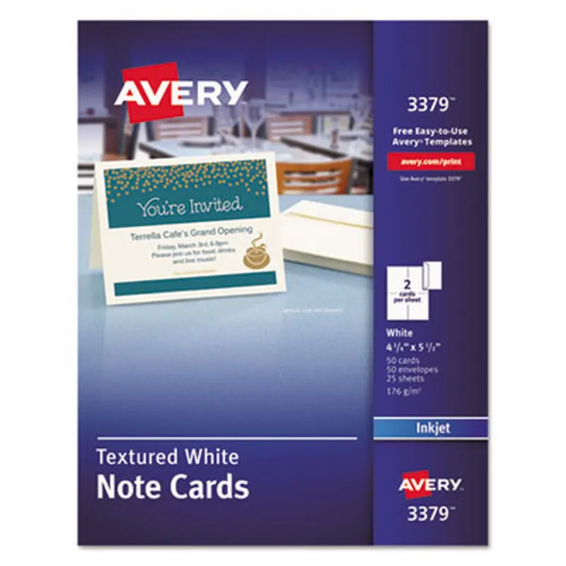 Note Cards with Matching Envelopes, Inkjet, 65lb, 4.25 x 5.5, Textured Uncoated White, 50 Cards, 2 Cards/Sheet, 25 Sheets/Box - Greeting Cards | Avery