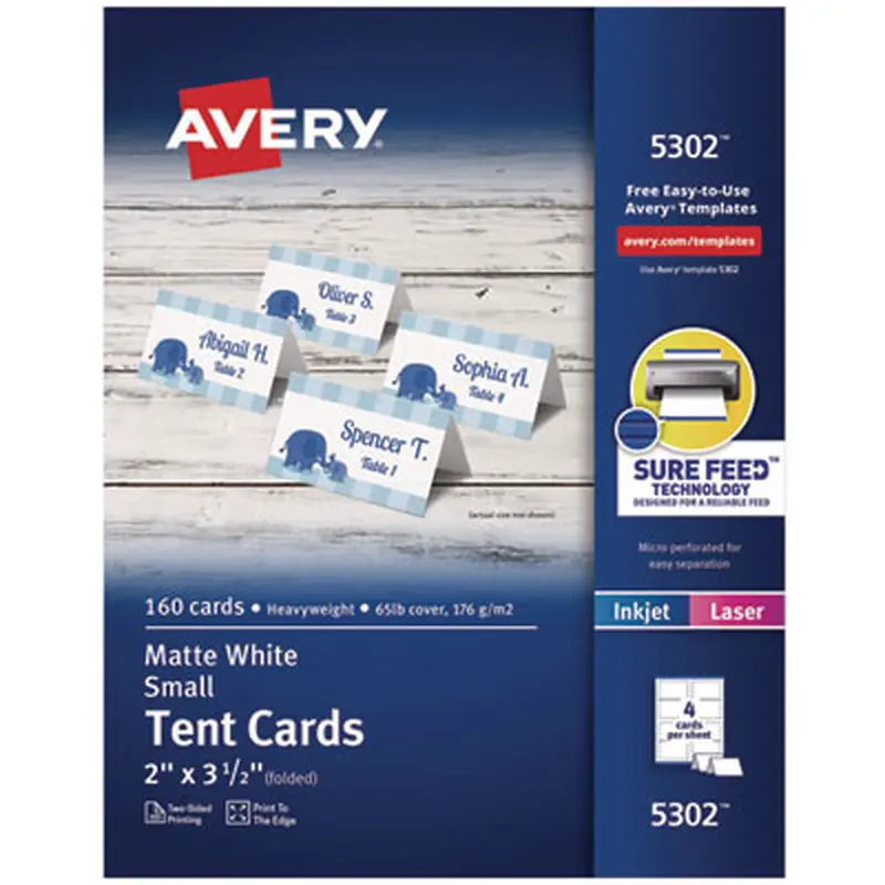 Small Tent Card, White, 3.5 x 2, 4 Cards/Sheet, 40 Sheets/Pack - Tent Cards | Avery