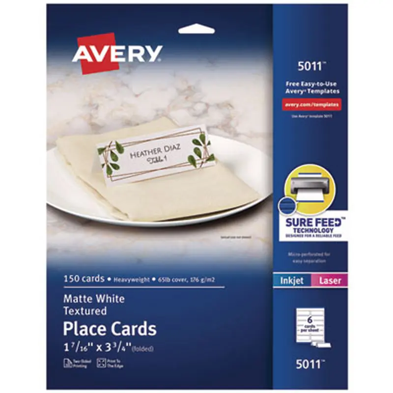 Small Textured Tent Cards, White, 3.75 x 1.44, 6 Cards/Sheet, 25 Sheets/Pack - Tent Cards | Avery