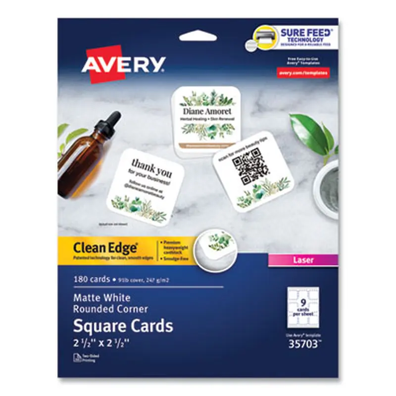 Square Clean Edge Cards with Sure Feed Technology, Laser, 2.5 x 2.5, White, 9 Cards/Sheet, 20 Sheets/Pack - Business Cards | Avery