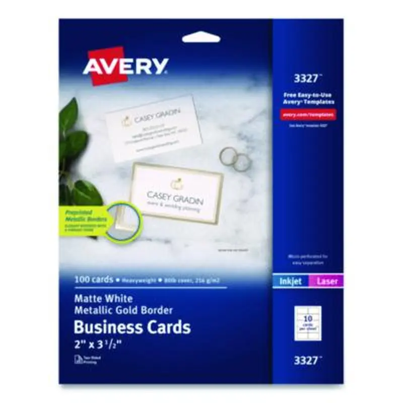 Business Cards with Metallic Gold Borders, Inkjet/Laser, 2 x 3.5, White, 10 Cards/Sheet, 10 Sheets/Pack - Business Cards | Avery