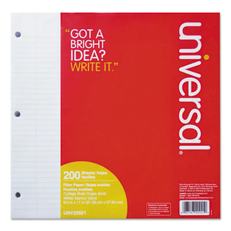 Filler Paper, 3-Hole, 8.5 x 11, Medium/College Rule, 200/Pack - Filler Paper | Universal