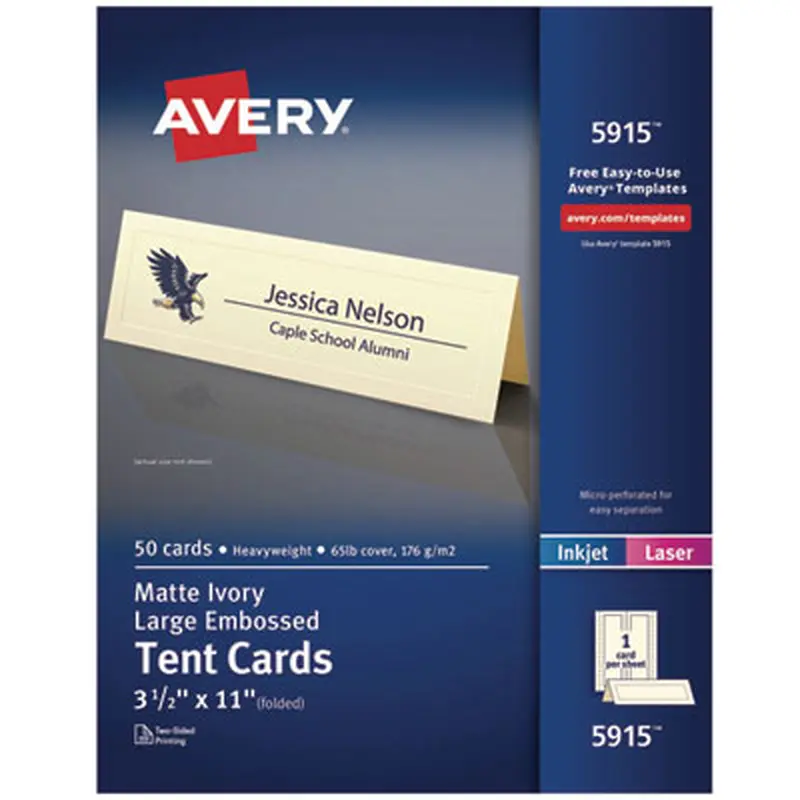 Large Embossed Tent Card, Ivory, 11 x 3.5,, 1 Card/Sheet, 50 Sheets/Pack - Tent Cards | Avery