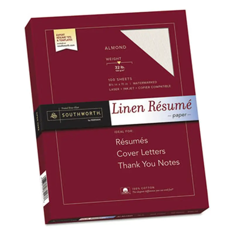 100% Cotton Premium Weight Linen Resume Paper, 32 lb Bond Weight, 8.5 x 11, Almond, 100/Pack - Resume/Stationery Paper | Southworth