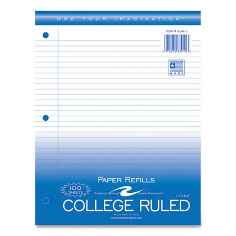Notebook Filler Paper, 3-Hole, 8.5 x 11, College Rule, 100/Pack - Filler Paper | Roaring Spring