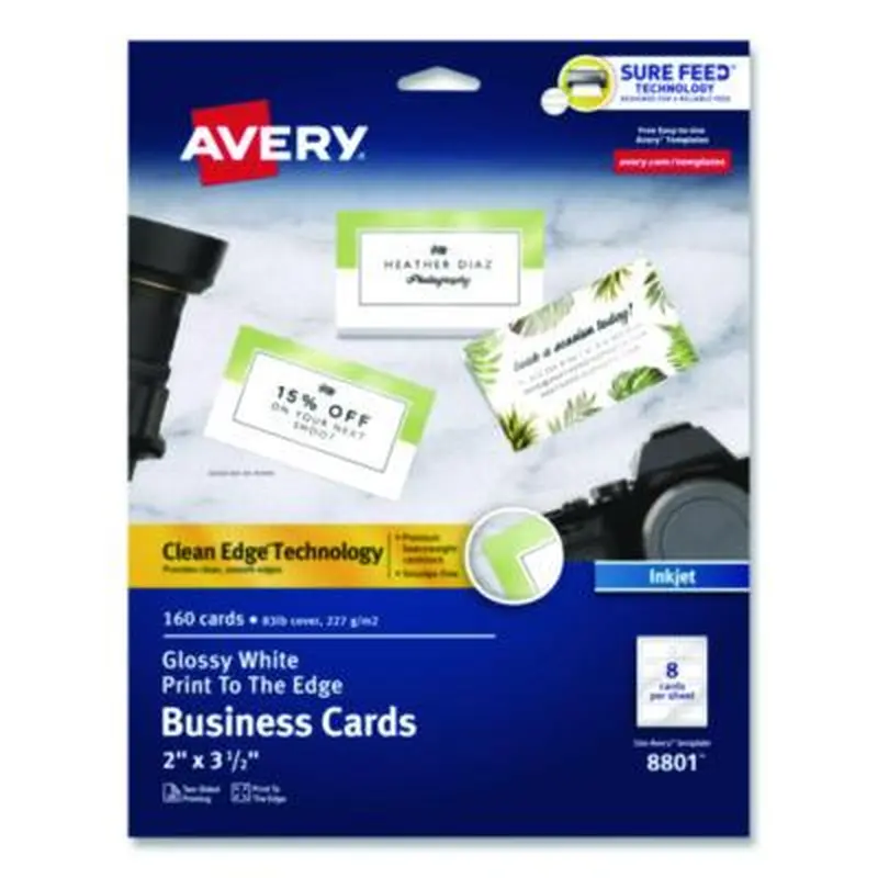 Print to the Edge Business Cards with Sure Feed Technology, 2 x 3.5, White, 8/Sheet, 20 Sheets/Pack - Business Cards | Avery