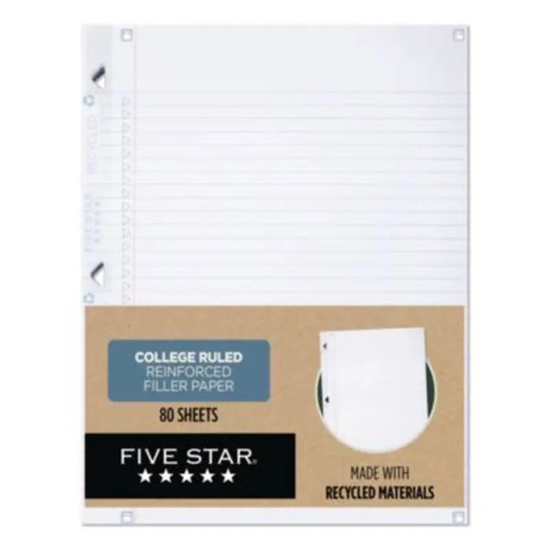 Reinforced Recycled Filler Paper Plus Study App, 3-Hole, 8.5 x 11, College Rule, 80/Pack - Filler Paper | Five Star