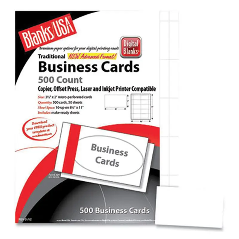 Heavyweight Printable Microperforated Business Cards, Copier/Inkjet/Laser/Offset, 2 x 3.5, White, 10/Sheet, 250 Sheets/Pack - Business Cards | Blanks/USA