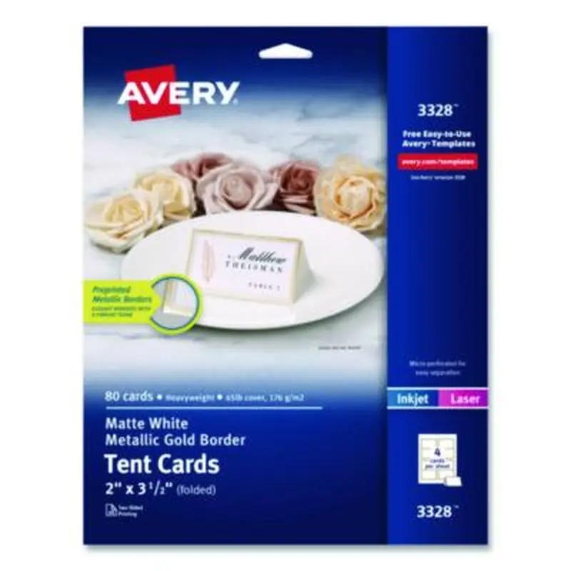 Matte White Metallic Gold Border Tent Cards, 3.5 x 2, 4 Cards/Sheet, 20 Sheets/Pack - Tent Cards | Avery