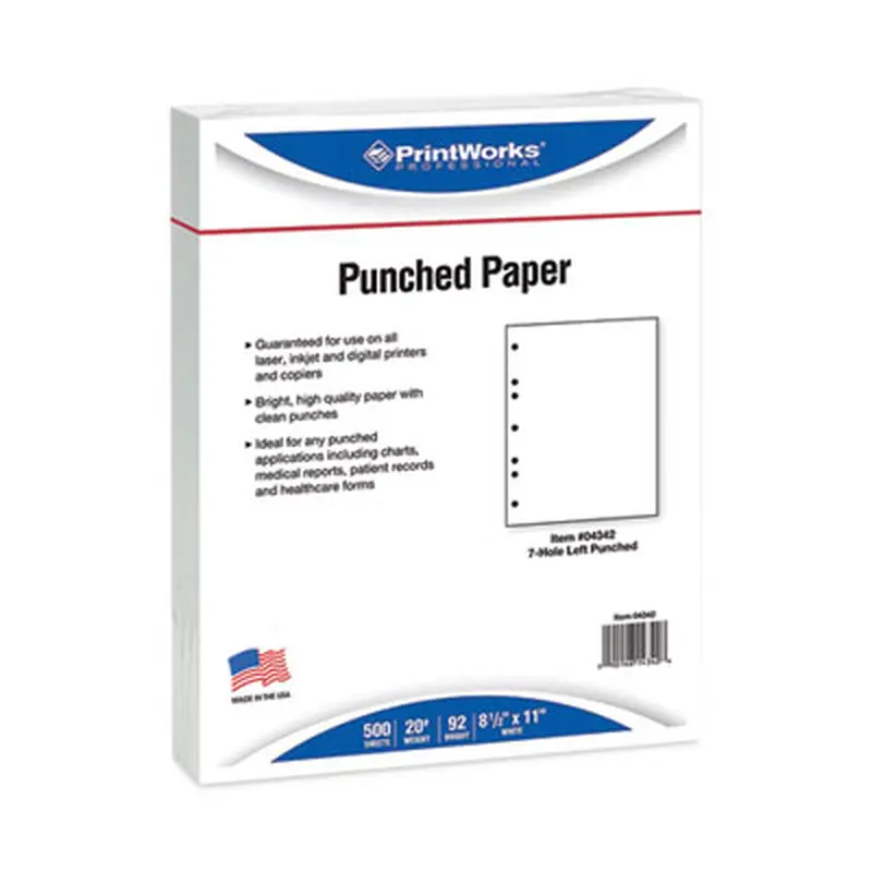 Perforated and Punched Paper, 7-Hole Punched, 20 lb Bond Weight, 8.5 x 11, White, 500/Ream - Copy Paper | PrintWorks Professional