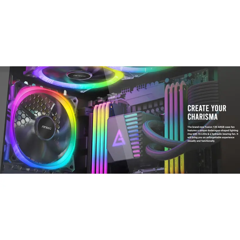 Antec Fusion 3x 120mm ARGB PWM HB Fan   ARGB Controller, 57.93 CFM, AP 2.11, Noise Level 31.21. Woven Cable, PMW Daisy Chain design, 3 Yrs Wty