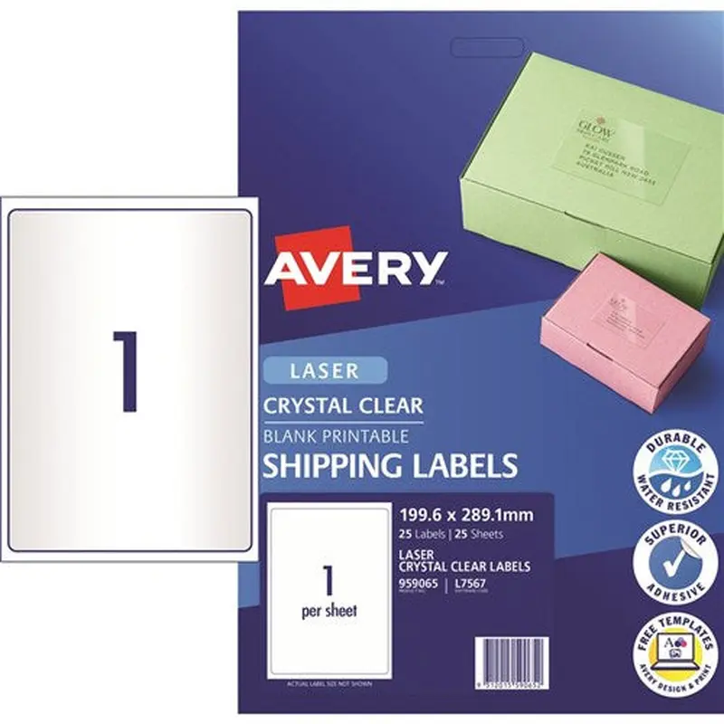 Avery Crystal Clear Laser Shipping Labels White L7567 199.6x289.1mm 1UP 25 Labels