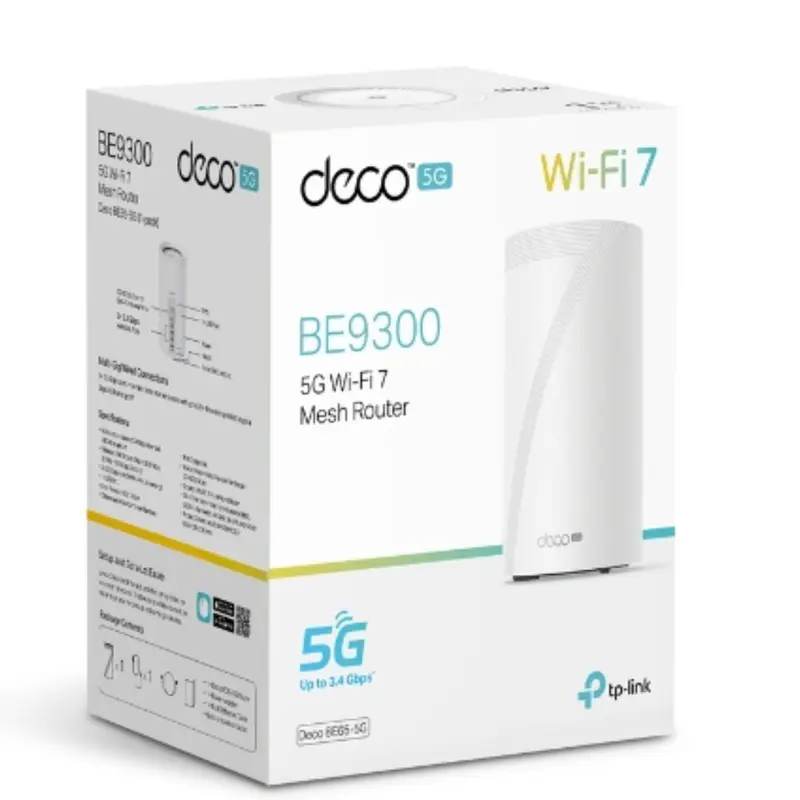 TP-Link Deco BE65-5G(1-pack) 5G BE9300 Tri-Band Whole Home Mesh Wi-Fi 7 Gateway (WIFI7)  574 Mbps at 2.4 GHz   2880 Mbps at 5 GHz   5760 Mbps at 6 GHz