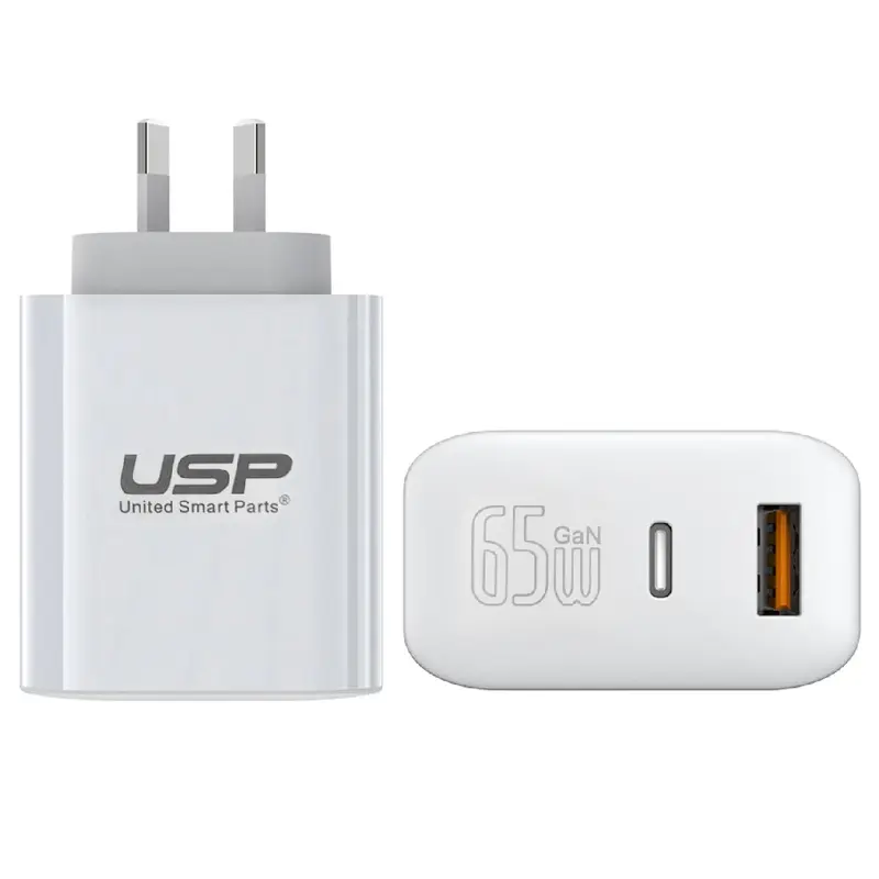 USP Dual Port PD 65W GaN Fast Wall Charger USB-C   USB-A for Phone Laptop, Intelligent,Travel Ready,PPS Technology