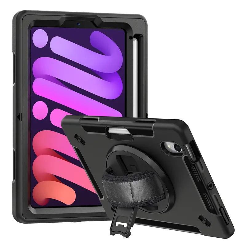USP Rugged Apple iPad Mini (8.3') (6th Gen) Case with Sling Black - Built-in-Kickstand, Adjustable Hand Strap, Pen Holder, DropProof, ShockProof