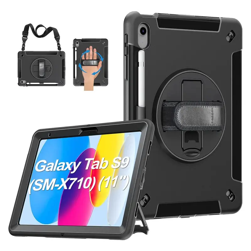 USP Rugged Samsung Galaxy Tab S9 (11') / Tab S9 FE (10.9') Case Black - Built-in-Kickstand,Adjustable Hand Strap, Pen Holder, DropProof