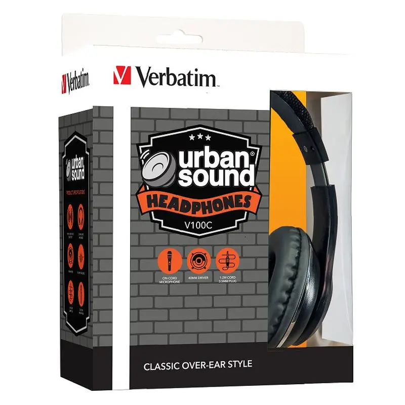 Verbatim Stereo Headphone 3.5mm - Black, Headphones Over-Ear Design, 1.2 Meter Cable Included, Great for Music on Smartphone, Laptop, Desktop
