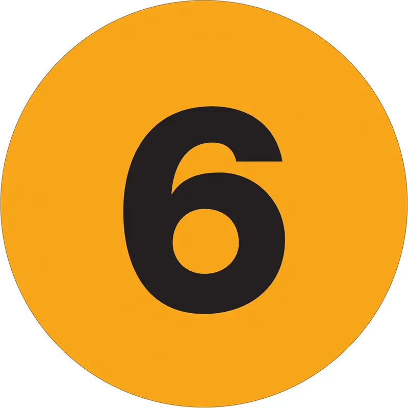 1" Circle - "6" (Fluorescent Orange) Number Labels (DL6756) Roll Of 500