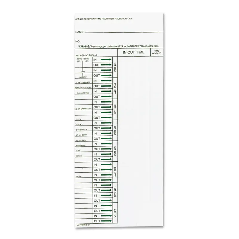 Acroprint Time Clock Cards for Acroprint ATT310, One Side, 4 x 10, 200/Pack (ACP096103080) Pack of 200