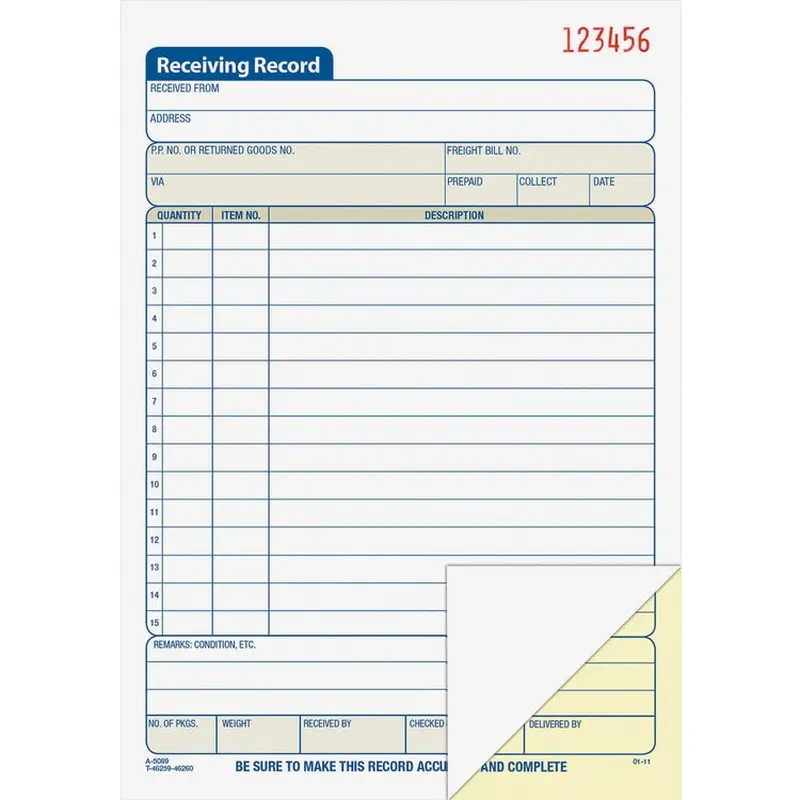 Adams Receiving Record Book, Carbonless, 2-Part, 5-9/16" x 8-7/16", WE (ABFDC5089) Each