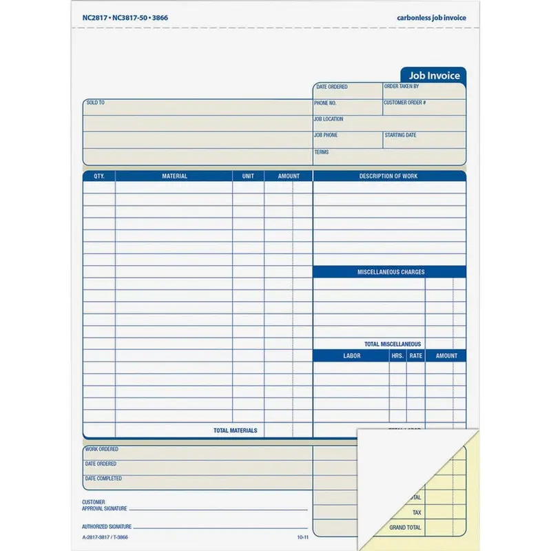 Adams Job Invoice Forms, 2 Part, Carbonless, 8 1/2"x11 7/16" (ABFNC2817) Pack of 100
