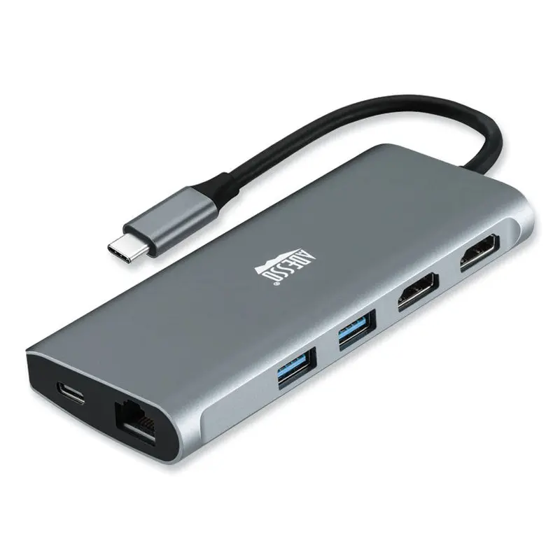 Adesso 9-in-1 USB Type-C Docking Station, 2 HDMI/3 USB C/SD and TF Slot/RJ45, Gray/Black (ADEAUH4040) Each