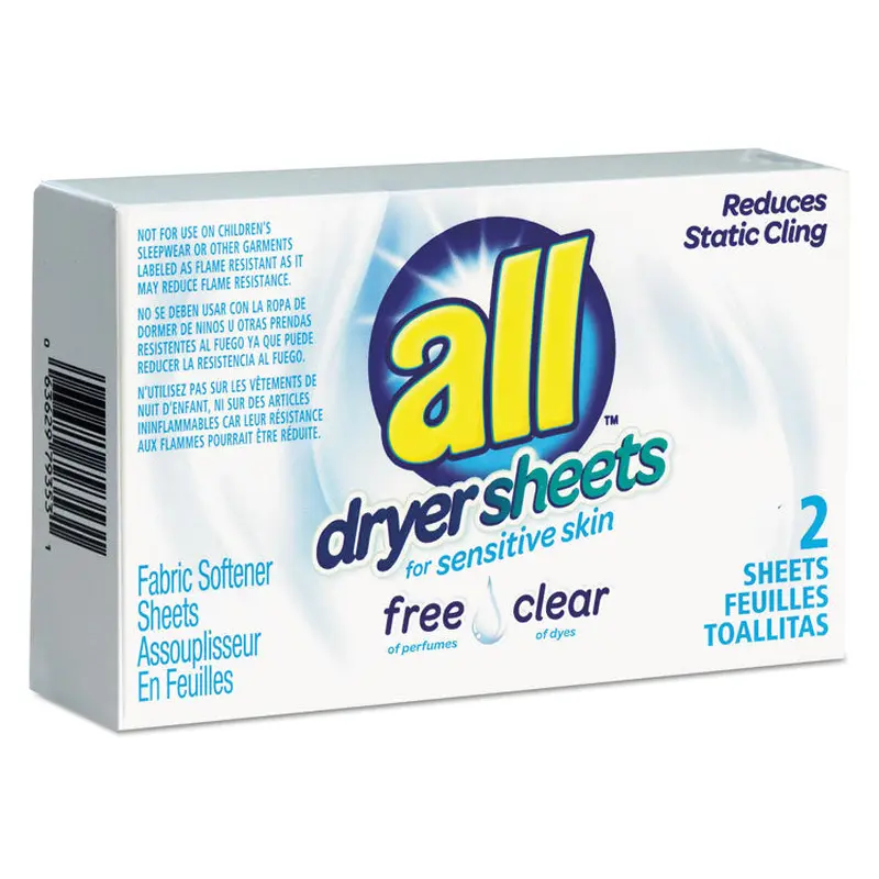 All Free Clear Vend Pack Dryer Sheets, Fragrance Free, 2 Sheets/Box, 100 Box/Carton (VEN2979353)