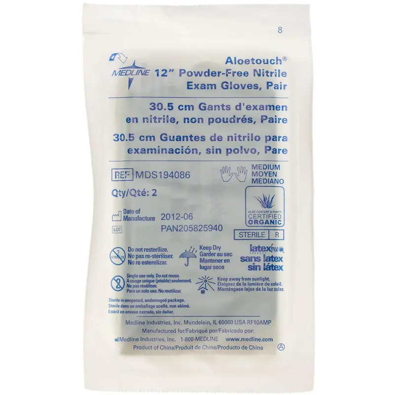 AloeTouch 12" Powder-Free Nitrile Exam Gloves, Sterile Pairs, Size M, 200/CS (MDS194086) Case of 200