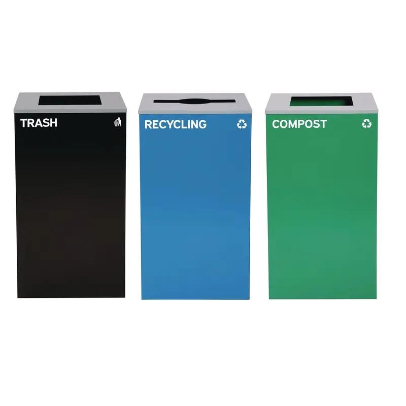 Alpine Industries 29 Gallon Trash/Recycling Cans, Steel, Blue Recycling Can/Mixed Lid, Green Compost Can and Black Trash Can with Square Lids (ALH4450BLKKIT18) Each