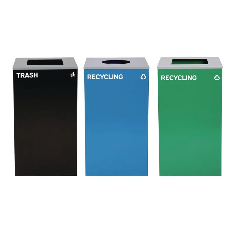 Alpine Industries 29 Gallon Trash/Recycling Cans, Steel, Blue Recycling Can w/Circle Lid, Green Recycling Can and Black Trash Can w/Square Lids (ALH4450BLKKIT35) Each