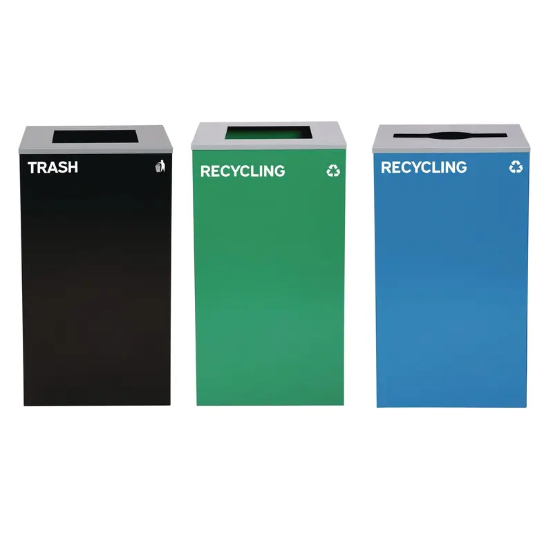 Alpine Industries 29 Gallon Trash/Recycling Cans, Steel, Blue Recycling Can w/Mixed Lid, Green Recycling Can and Black Trash Can with Sq Lid (ALH4450BLKKIT26) Each