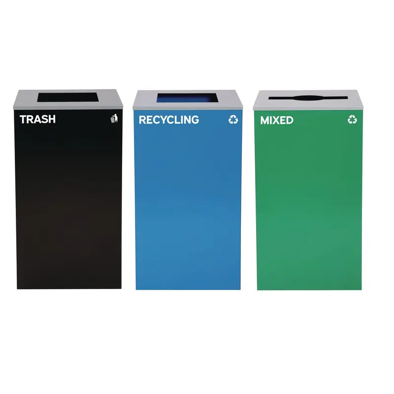 Alpine Industries 29 Gallon Trash/Recycling Cans, Steel, Blue Recycling and Black Trash Cans w/Square Lid, Green Mixed Recycling Can Mixed Lid (ALH4450BLKKIT22) Each