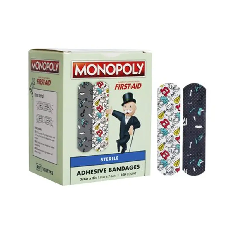 American White Cross Adhesive Strip 3/4 X 3 Inch Plastic Rectangle Kid Design (Monopoly) Sterile (1156955_BX) 100/BX