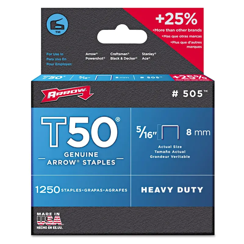 Arrow Fastener T50 Type Staple, #505, 5/16 in L x 3/8 in W, 1,250/PK (091-505) 1 Pack