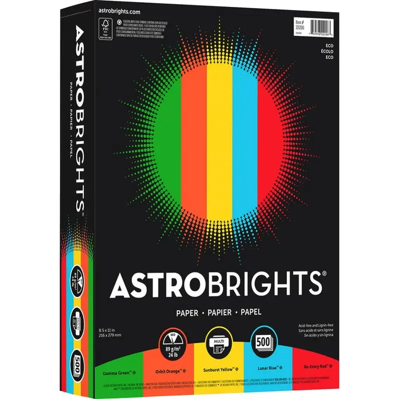 Astrobrights Eco Brights Colored Paper, 24 lb, 8-1/2 x 11, Assorted, 500 Sheets (WAU22226) 1 Ream