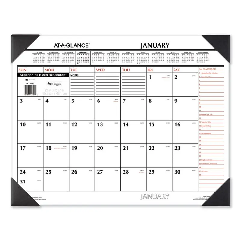 AT-A-GLANCE Two-Color Monthly Desk Pad Calendar, 21.75 x 17, White Sheets, Black Corners, 12-Month (Jan to Dec): 2026 (AAGSK117000) Each