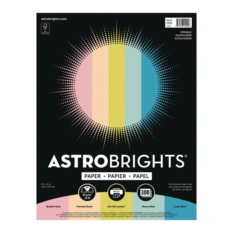 Astrobrights Color Paper - "Sprinkles" Assortment, 24 lb Bond Weight, 8.5 x 11, 25 Assorted, 300/Pack (WAU94000) Pack of 300
