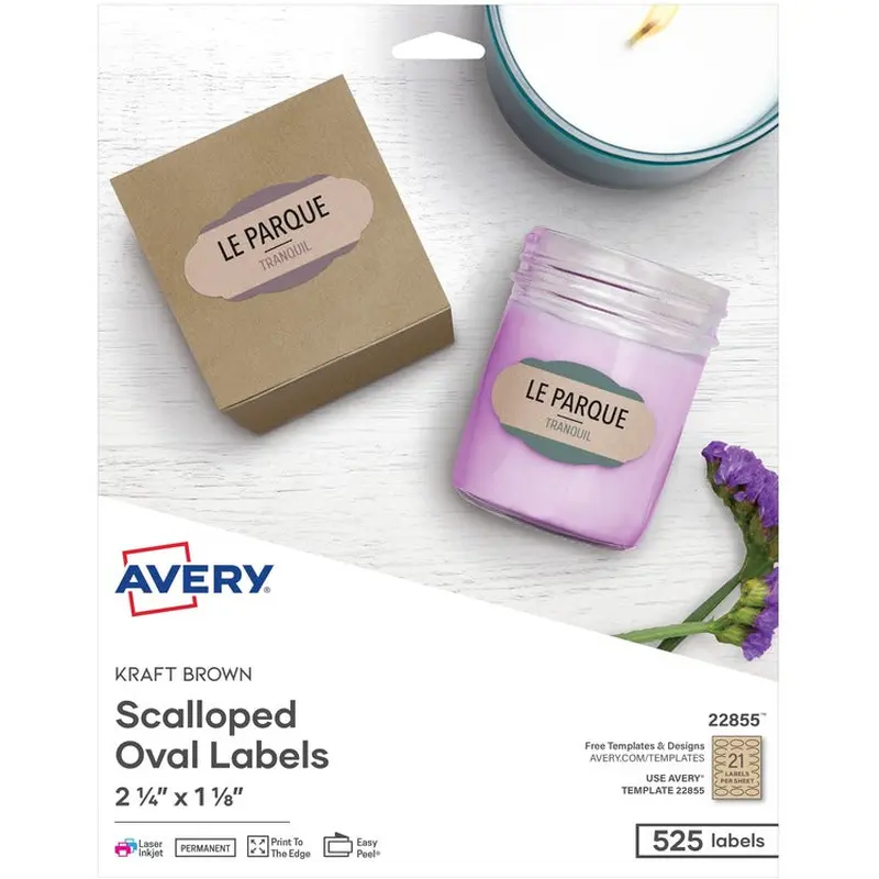 Avery® Oval Labels, Scallop, 21/sheet, 2-1/4" x 1-1/8", 525/PK, Kraft Brown (AVE22855) Pack of 525