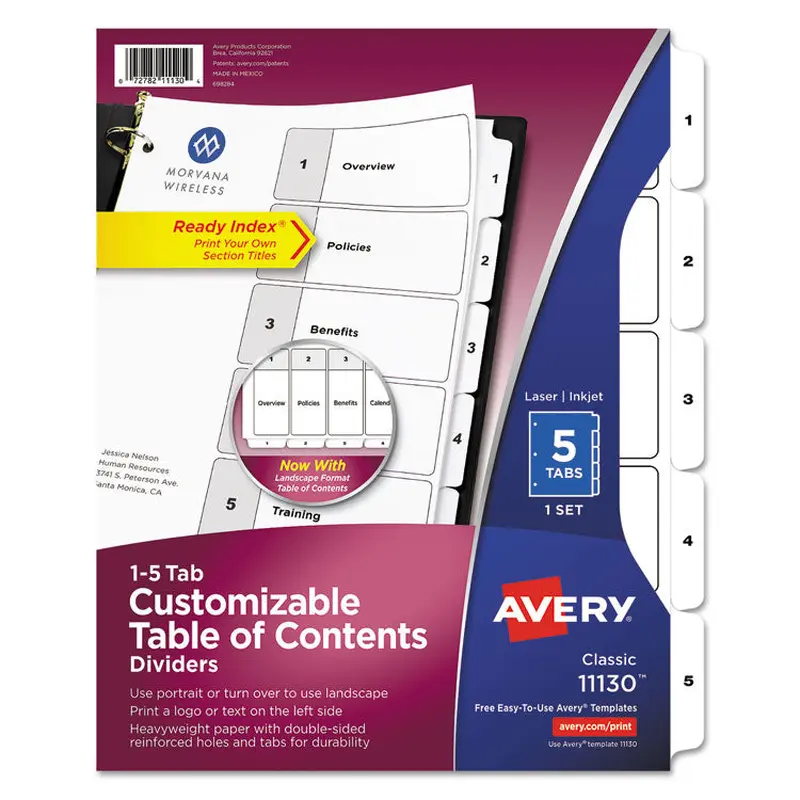 Avery Customizable TOC Ready Index Black and White Dividers, 5-Tab, 1 to 5, 11 x 8.5, 1 Set (AVE11130) Set of 5