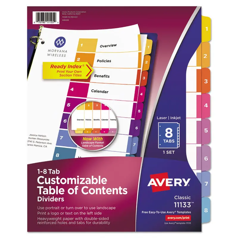 Avery Customizable TOC Ready Index Multicolor Tab Dividers, 8-Tab, 1 to 8, 11 x 8.5, White, Traditional Color Tabs, 1 Set (AVE11133) Set of 8