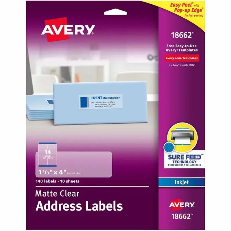 Avery Easy Peel Mailing Labels for Inkjet Printers, 1 1/3"x4", Clear, 140 per Pack (AVE18662) Pack of 140