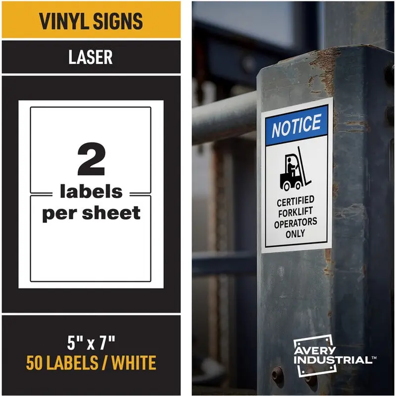 Avery® Adhesive Printable Vinyl Signs, 5" x 7" Length, 2 / Sheet, 25 Total Sheets, 50 Labels (AVE61551) Each