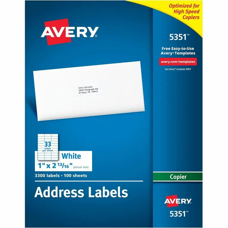 Avery® Copier Mailing Labels, Copiers, 1 x 2.81, White, 33/Sheet, 100 Sheets/Box (AVE5351) Box of 3300