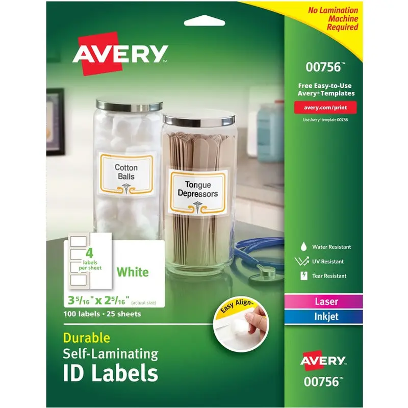Avery® Durable Self-Laminating ID Labels, Laser/Inkjet, 2 x 3, White, 100/Pack (AVE00756) Pack of 100