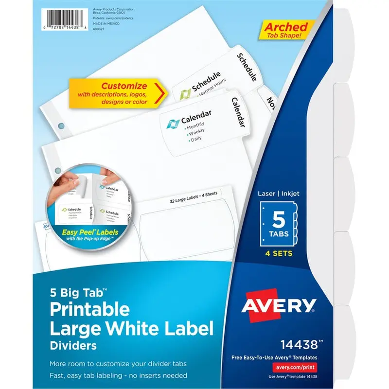 Avery® Easy Peel Large Tab Dividers, 5-Tab, 6/PK, White (AVE14438) Pack of 6