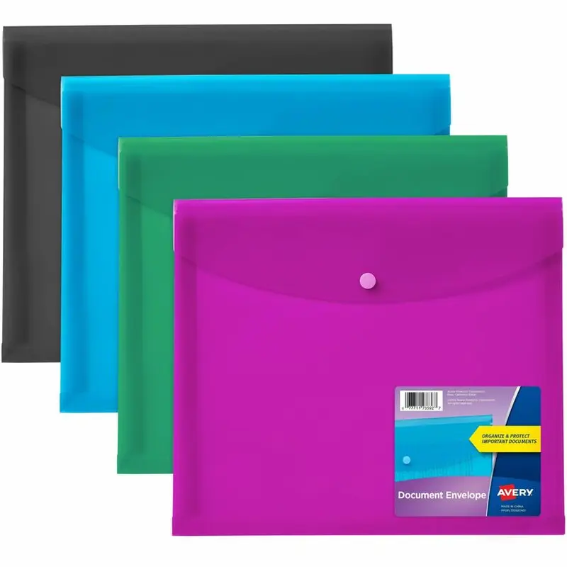 Avery® Letter, A4 Recycled Filing Envelope, 450 Sheet Capacity, Plastic, Polypropylene, Black, Aqua, Sage, Plum, 100% Recycled, 4 Pack (AVE73556) Pack of 4