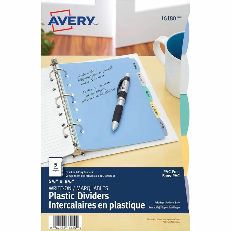 Avery® Mini Durable Write-On Plastic Dividers, 5 1/2"x8 1/2", 5-Tab Set, Multicolor (AVE16180) Each