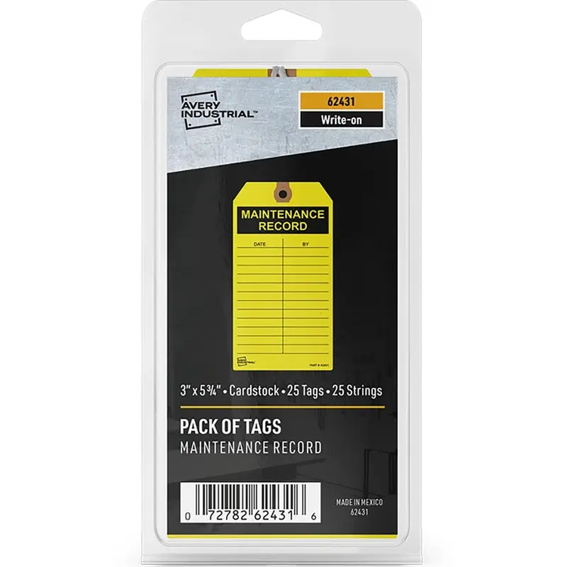 Avery® Preprinted MAINTENANCE RECORD Hang Tags - 5.75" Length x 3" Width - 25 / Pack - Card Stock - Yellow (AVE62431) Each